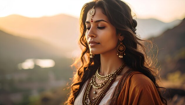 Serene Person In Gold Jewelry At Sunset, Close Up Portrait of Indian Lord Prithvi