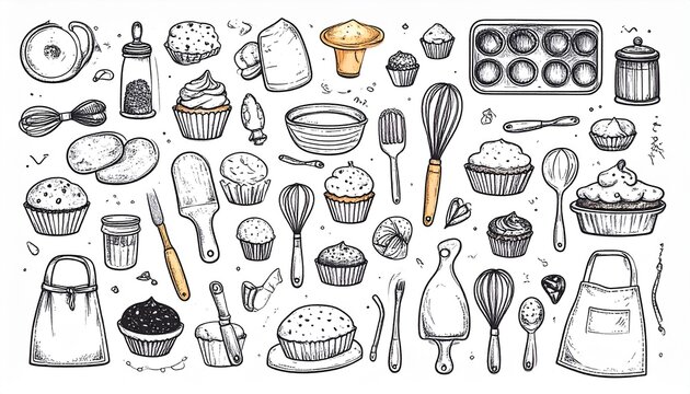 A charming vector sketch doodle set of various baking tools, kitchen utensils, and delicious homemade pastries isolated on white. - Powered by Adobe