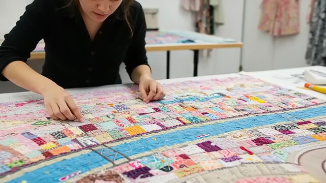 Artist meticulously crafting a vibrant and intricate patchwork quilt design studio