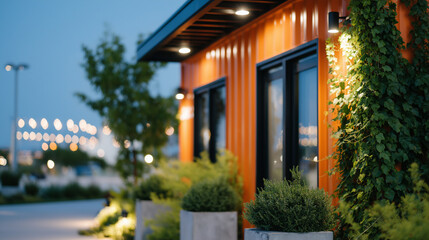 Obraz premium Close-up of orange shipping container wall with industrial-style black-framed windows, vines creeping up sides, sleek modern lighting illuminating exterior