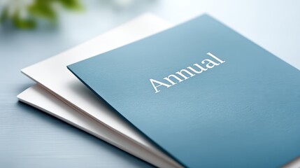 A close-up image of a blue annual report or booklet resting on a white one, placed on a light-colored surface with a blurred plant background.