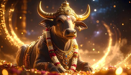 Majestic Gray Bull Adorned In Gold Jewelry On Dark Background, Close Up Portrait of Indian Lord Nandi