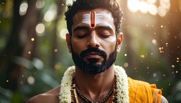 Serene Person Contemplating In Lush Woodland, Golden Hour Light in Nature's Embrace , Close Up Portrait of Indian Lord Ayyappa