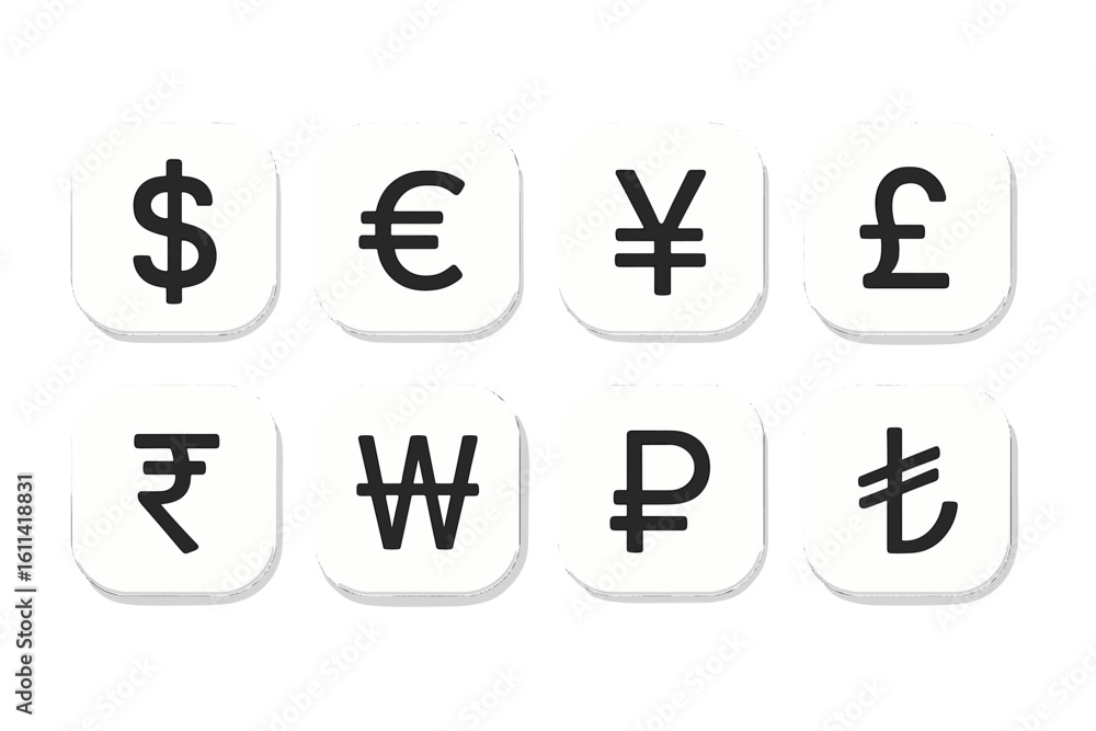 Poster currency symbols icon set for web and mobile apps. vector buttons with world money signs like dollar