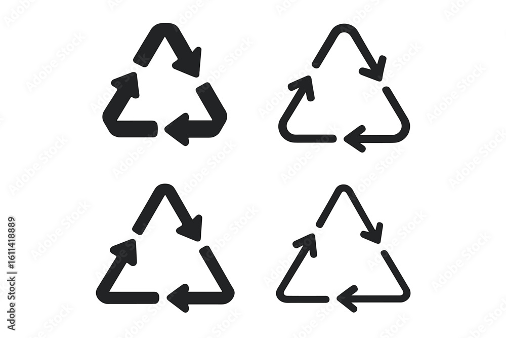 Aufkleber recycling symbol icon set. vector collection of triangular signs with three arrows for product packa