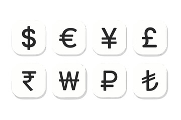 Currency symbols icon set for web and mobile apps. Vector buttons with world money signs like dollar, euro, yen, and pound for finance, banking, or exchange interface design.