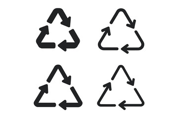 Recycling symbol icon set. Vector collection of triangular signs with three arrows for product packaging. Eco friendly, sustainable, and reusable materials concept.