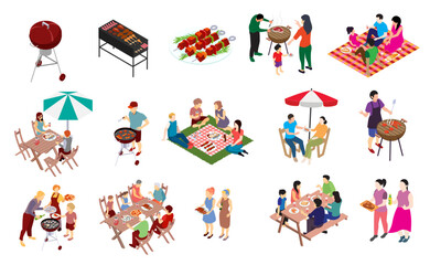 family grill barbecue party set kettle grill assorted food traditional preparing grilled meat picnic grass outdoor summer bbq party families friends illustration