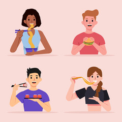 People enjoying various foods and drinks like coffee salad burger fries sausage and steak in casual lifestyle healthy and unhealthy eating concept flat cartoon style illustration