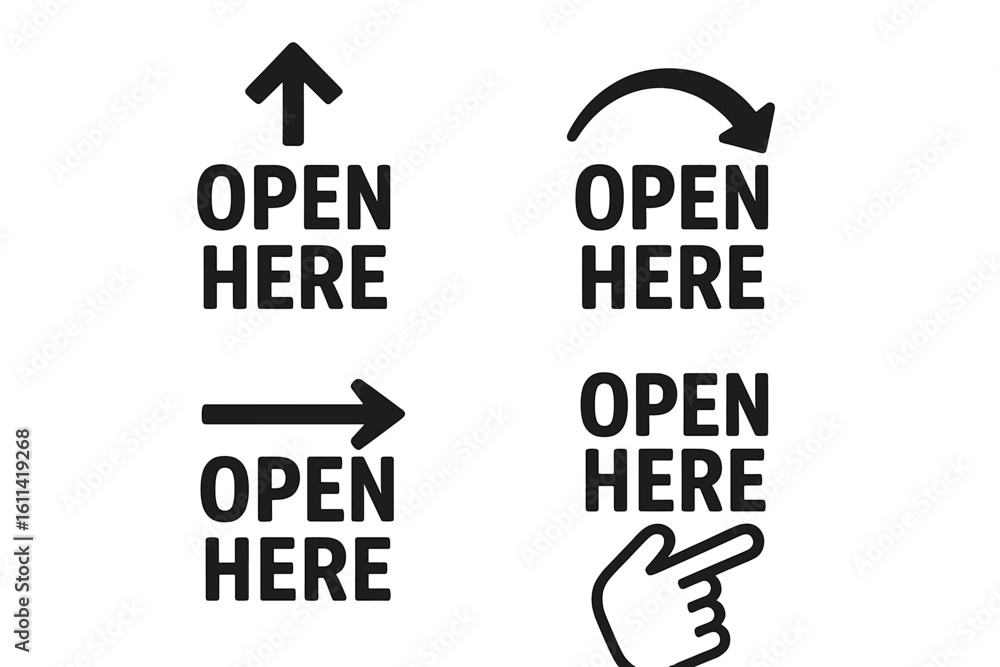Poster set of 'open here' manipulation symbols for packaging products. vector icons with arrows and pointin