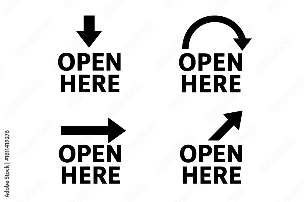 Aufkleber set of open here manipulation symbols for packaging products. marking for goods with arrow. vector e