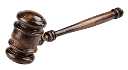 A dark wooden gavel isolated on transparent background, representing the power and impartiality of the legal system in a court of law