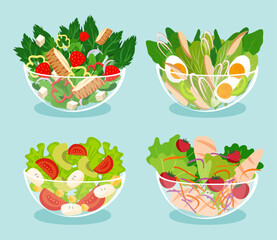 Vibrant salads in clear bowls perfect for healthy eating. Each bowl features fresh ingredients such as leafy greens strawberries chicken eggs tomatoes and avocado in a flat design style.