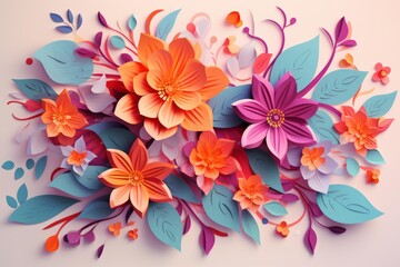 Vibrant paper flowers and leaves are artfully arranged, creating a captivating floral display full of color and texture