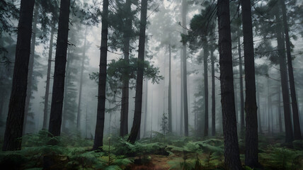Fototapeta premium Mysterious foggy forest scene with tall pine trees, soft diffused light filtering through mist. No people, muted colors, moody atmosphere.