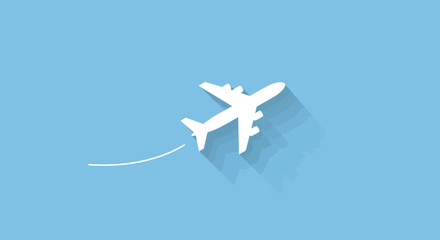 Airplane flight minimal design with long shadow on blue background concept