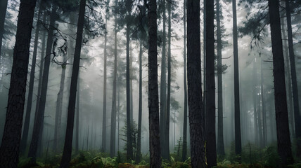 Obraz premium Mysterious foggy forest scene with tall pine trees, soft diffused light filtering through mist. No people, muted colors, moody atmosphere.