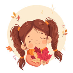 little girl with a bouquet of autumn leaves in her hands vector illustration