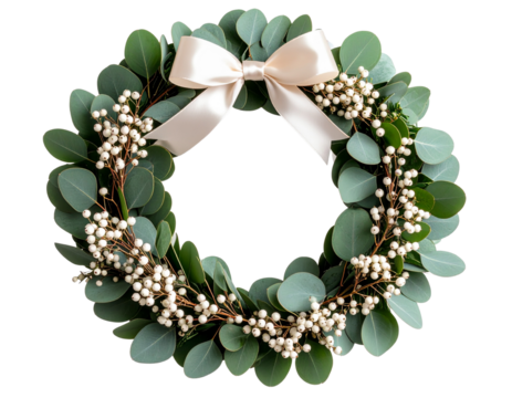 Modern Minimal Christmas Wreath with Eucalyptus and White Berries – Transparent PNG