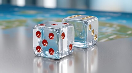 Two transparent dice with red and gold dots rest on a reflective surface over a blurred map background.