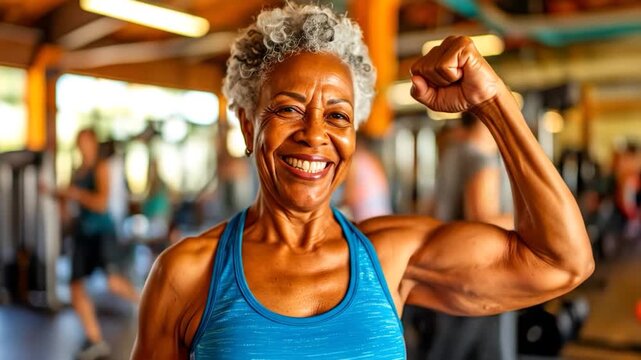 Smiling Senior Woman Flexing in a Gym