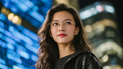 Asian girl with focused expression sits before large transparent screen displaying blue matrix code, reflections flicker across her glasses, modern high-rise city glows in backgrou