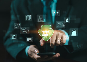 Digital marketing and financial. Pressing on cart while online shopping. Marketing suppliers offer discounts, free shipping, and delivery 24 hours a day. Marketplace platform digital marketing.