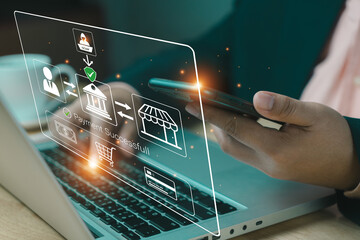 Order Confirmed. Online payment with digital marketing, Online shopping and e-commerce. Banking online payment Approved concept button. Credit card and network connection icon on business technology.