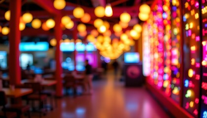 this is an interior view of a vibrant bar or lounge area with a festive atmosphere. the space is characterized by a ceiling adorned with hanging light bulbs, creating a warm, inviting glow