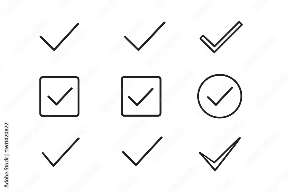 Poster check mark icon set. flat linear design. a collection of black checkmarks for websites. isolated vec