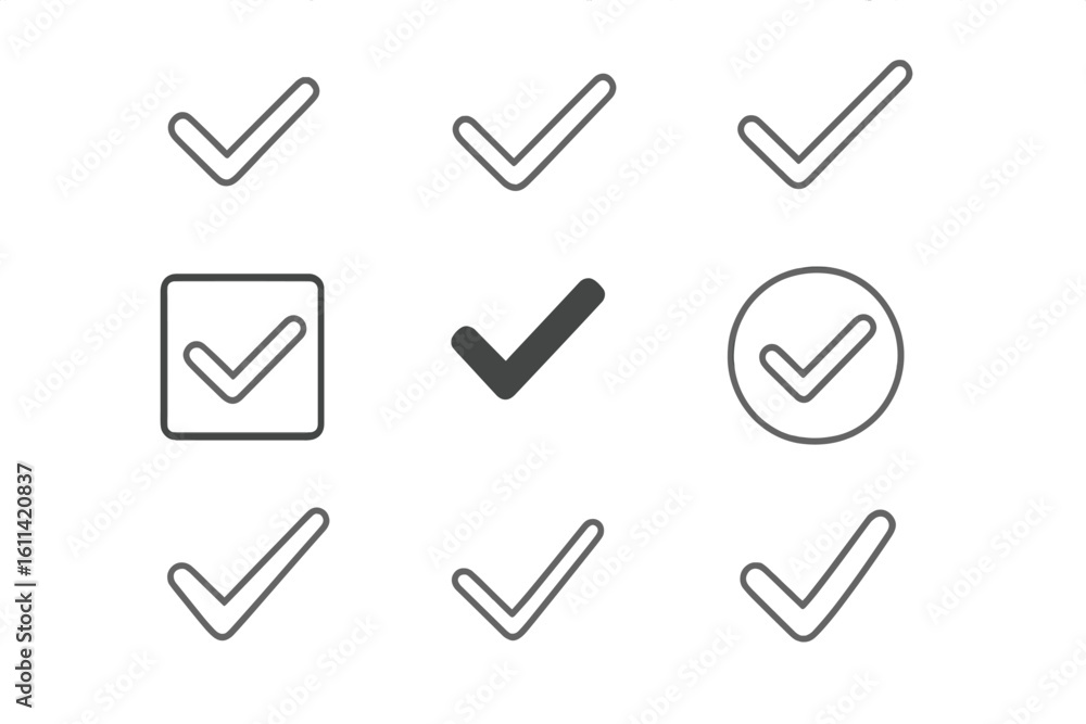 Poster checkmark icon set. flat linear design collection of black checkmarks for websites. isolated vector 