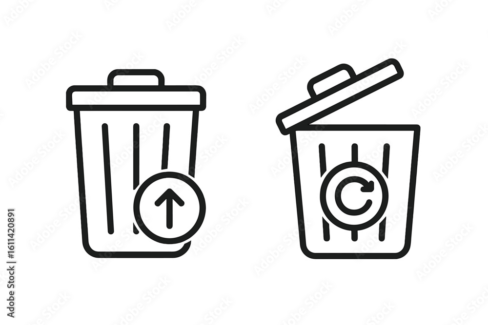 Poster trash can icon set. delete and restore data symbol. recycle bin vector illustration. black line art 