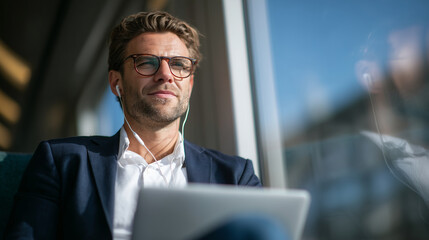 Businessman in blazer and casual jeans sits by train window, sleek laptop open on fold-out tray, wearing white earphones, morning sunlight streaming through glass