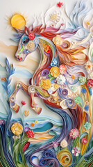 Vibrant quilling artwork depicts a majestic horse adorned with colorful flowers. A whimsical scene of nature's beauty and artistic expression.