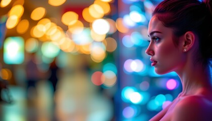a close up portrait of a woman with a contemplative expression looking towards the camera. she is in an indoor setting with bright, colorful lights creating a bokeh effect in the background