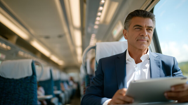 Wide shot of modern train cabin, rows of seats mostly empty, businessman in foreground immersed in work, sleek workspace formed from tray table and tablet