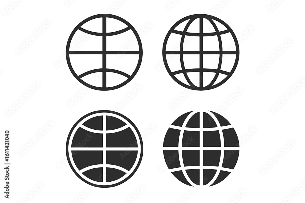 Poster globe icons set. web globe flat linear icon collection. silhouette of the earth with meridians. plan