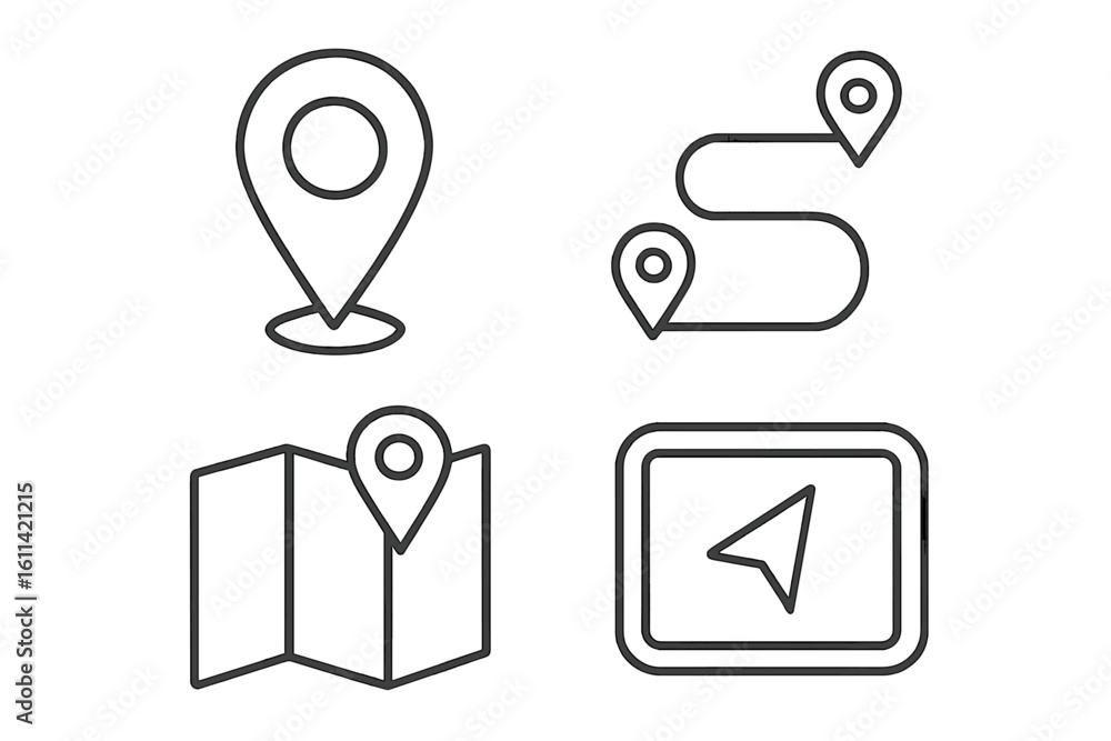 Poster location, navigation, and route vector line icon set. gps navigator symbol, map pin, and destination