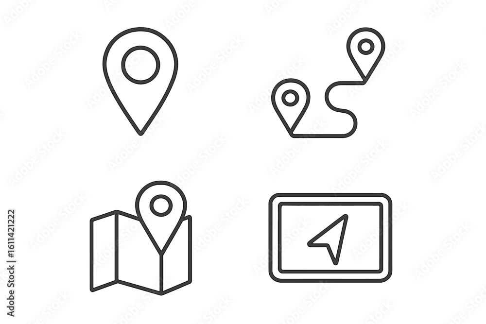 Poster navigation and location line icon set. gps route, map pin, pointer, and destination symbols. outline