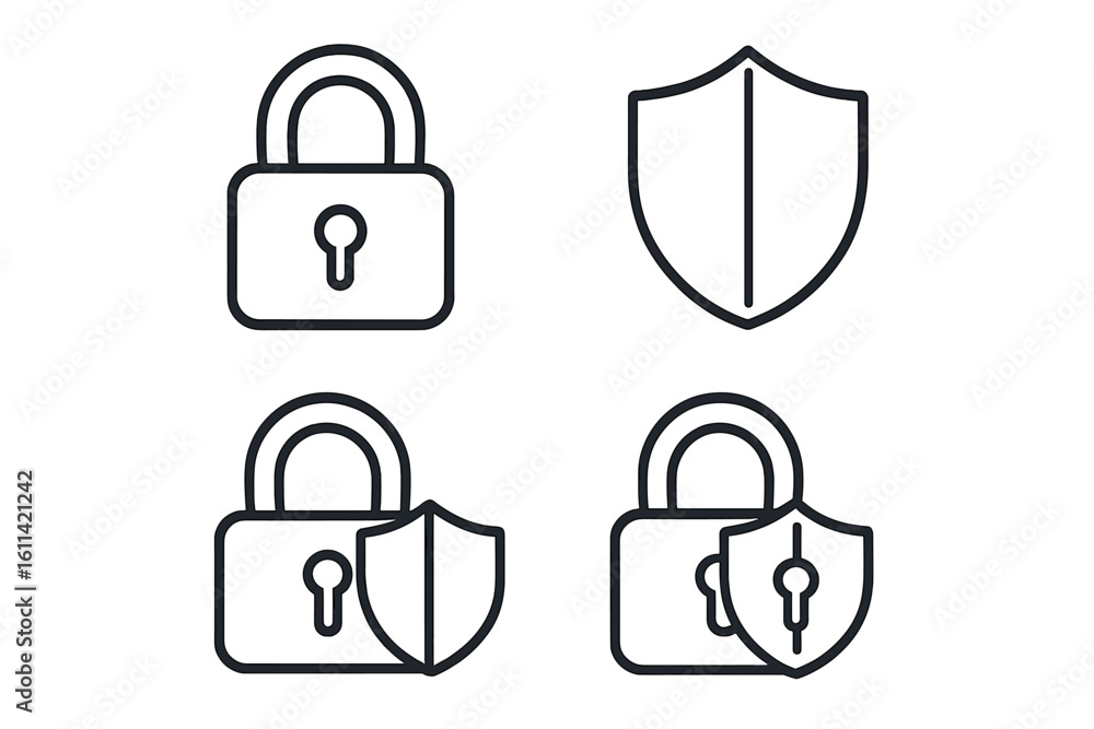 Poster security and protection line icon set. padlock and shield vector icons. concept for privacy, safety,