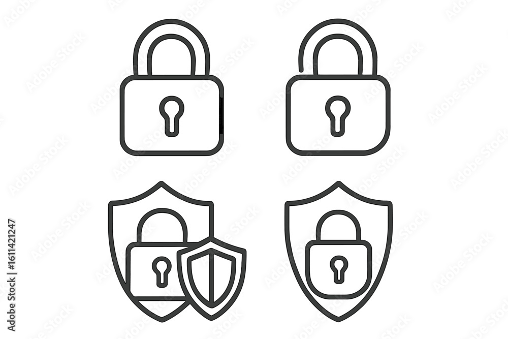 Aufkleber padlock and shield line icon set. security and protection concept. vector web outline icons. safety,