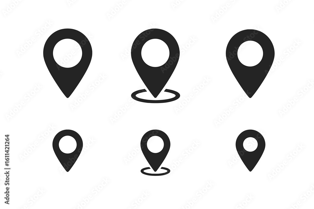 Poster map location pin icon set. gps navigation pointer symbol collection. destination marker for directio