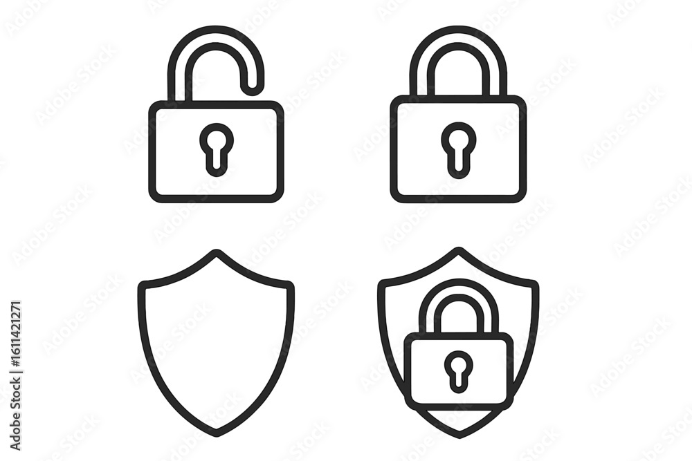 Poster padlock and shield line icon set for security and protection. vector web icons for concepts of safet