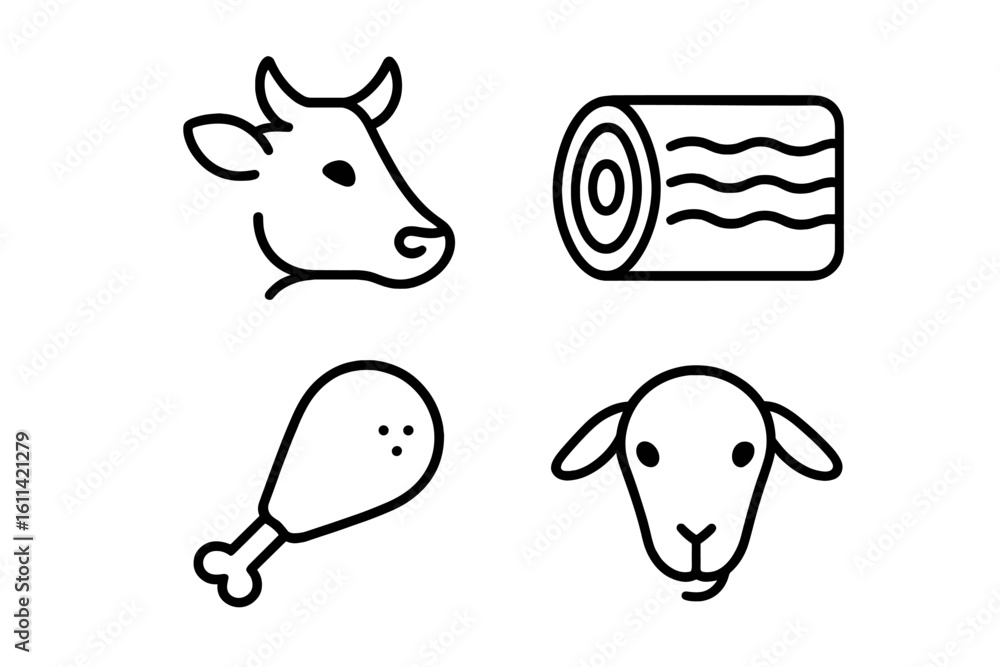 Poster meat and meat products icon set. beef, pork, chicken, lamb. a series of contour web icons in a linea