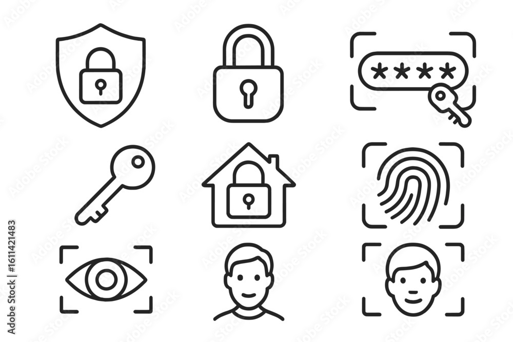 Poster security icon set. cyber safety and data protection concepts. shield, lock, password and key. smart 