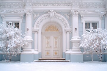 white carved pattern door of St. Petersburg minimalism art snow whirlwind with frosty highlights , design silver art calligraphy ornament on the top edge of the postcard