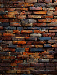 Obraz premium A detailed close-up of a weathered brick wall, showcasing rich, varied tones of brown, red, and black.