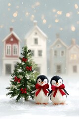 paints naive creativity New Year beautiful green Christmas tree, two cute penguin toys with red bows background with white snowflakes, blurred garland with glare
