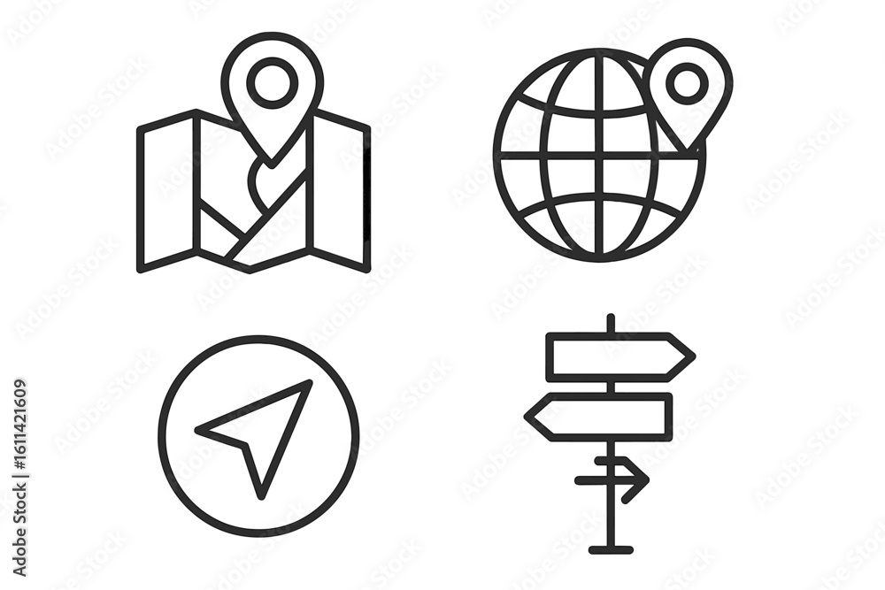 Poster location and navigation linear icons set. map with pin, pointer, destination, gps, globe, world, dir