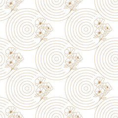 Vector seamless pattern with gold thin spiral circles, elegant floral branch line art, delicate minimal design, luxury ornamental lines, vector illustration